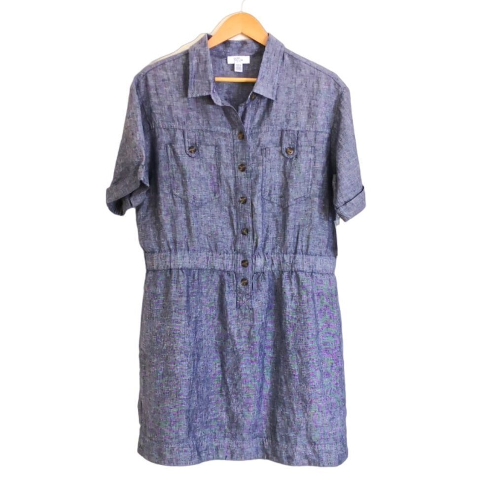Lord & Taylor 100% Linen Midi Dress Blue Size Pettie‎ L